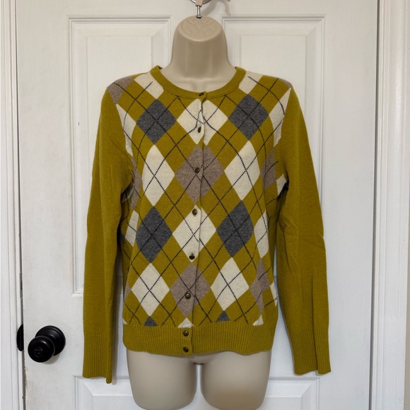 J.Crew Factory Argyle Cardigan Sweater Mustard Yellow Preppy XS - Picture 2 of 5